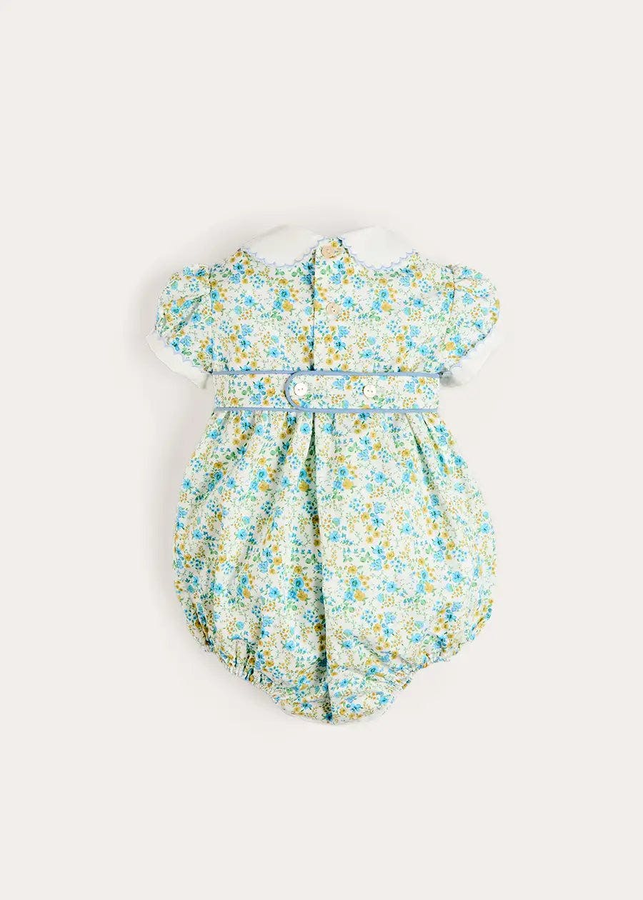 Louisa Floral Hand Smocked Short Sleeve Romper in Blue (3mths-2yrs)