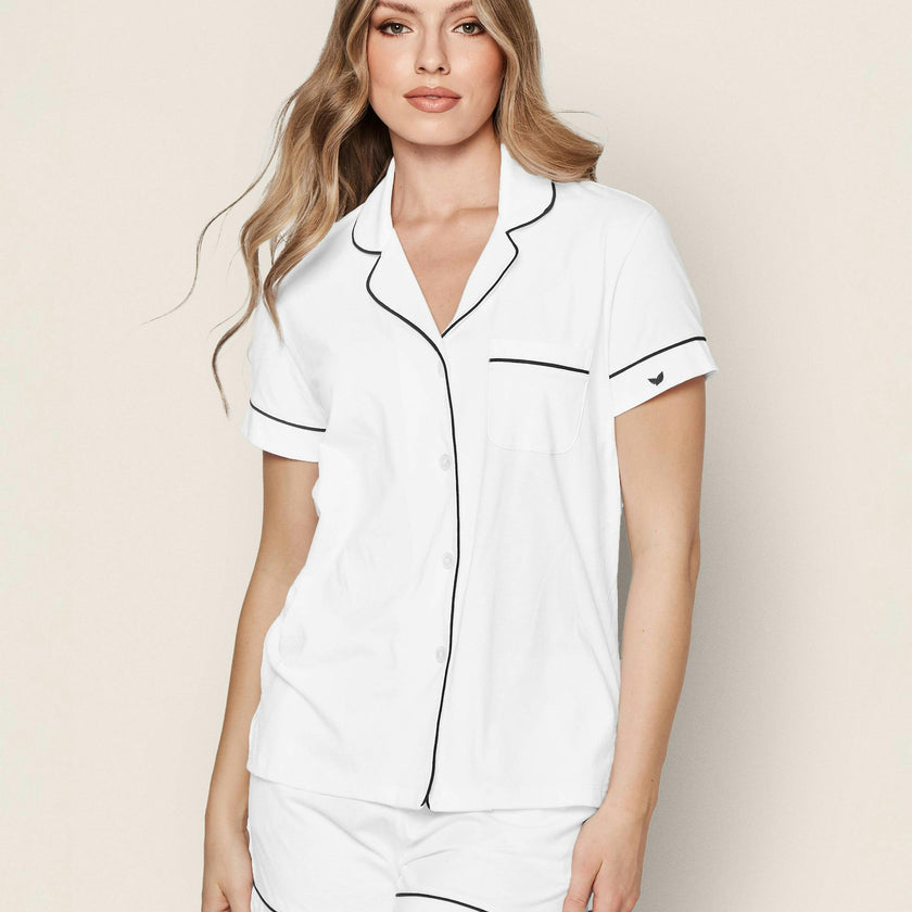 Women's Pima Pajama Short Set in White with Navy Piping