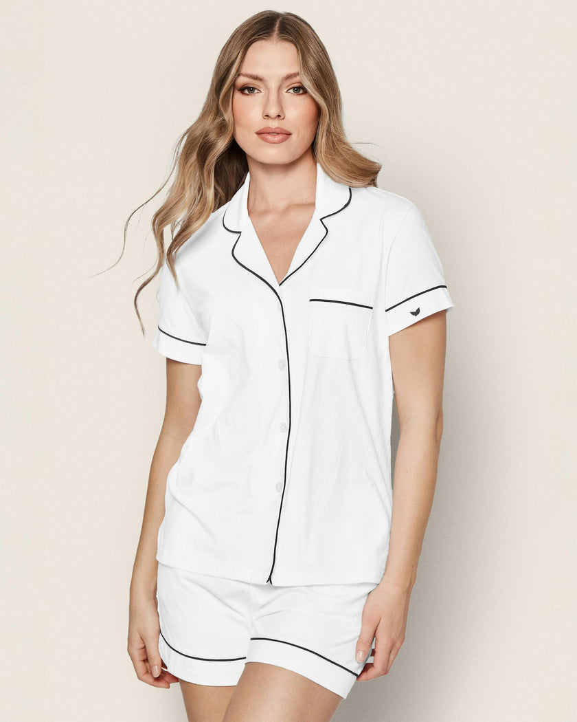 Women's Pima Pajama Short Set in White with Navy Piping