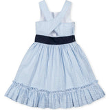 Organic Sleeveless Special Occasion Seersucker Party Dress with Cross Back, Blue