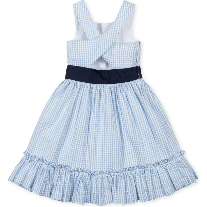 Organic Sleeveless Special Occasion Seersucker Party Dress with Cross Back, Blue