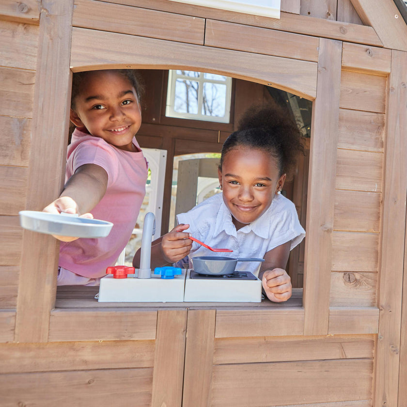 Timberwood Wooden Outdoor Playhouse With Kitchen And Barn Doors
