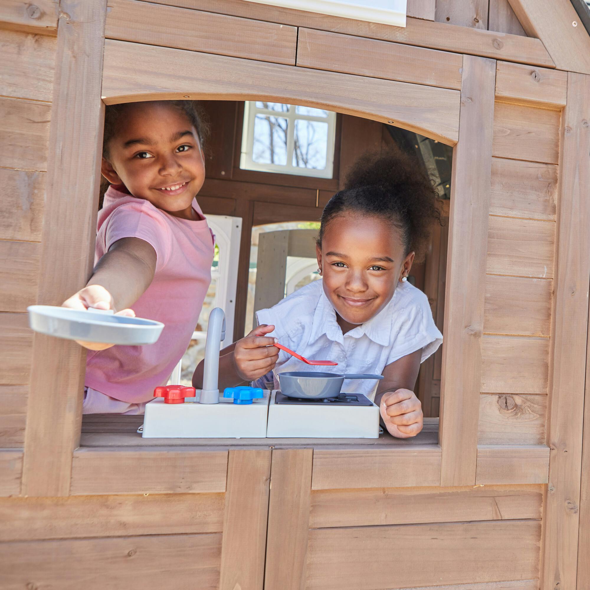 Timberwood Wooden Outdoor Playhouse With Kitchen And Barn Doors