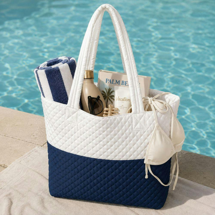 Newport Two-Tone Quilted Tote Bag with Zipper Closure- White/Dark Blue