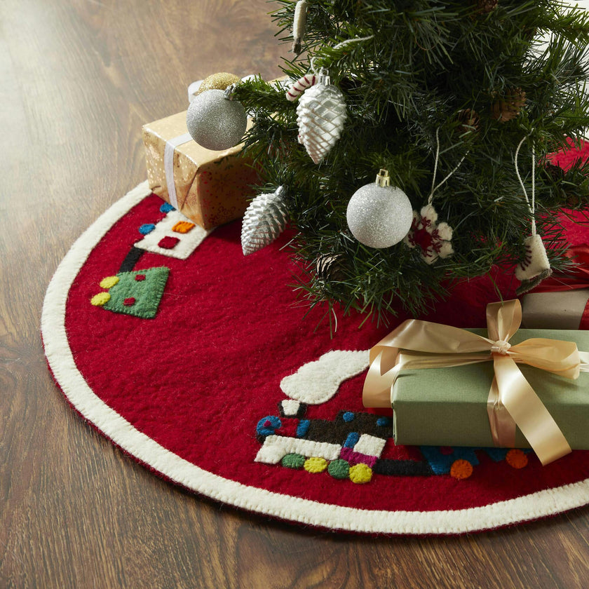 Handmade Toy Train Red Christmas Tree Skirt Felt 26"/60"