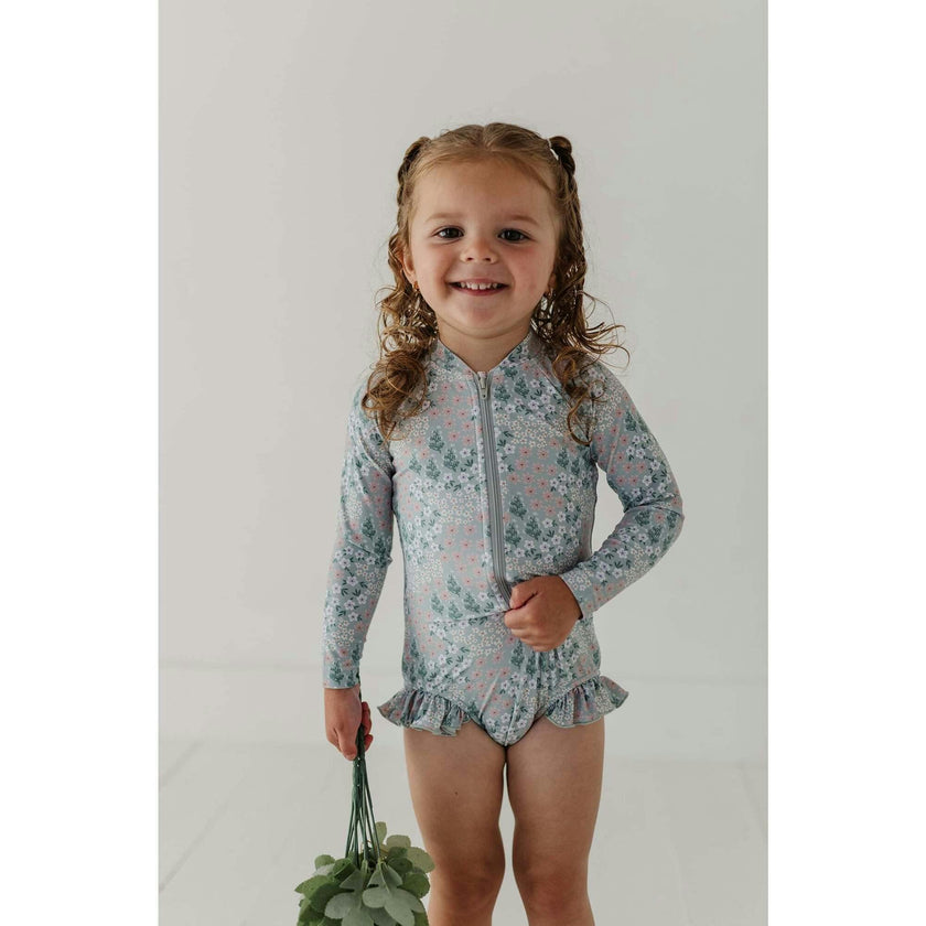 Girl's One-Piece Ruffle Rash Guard Swimsuit