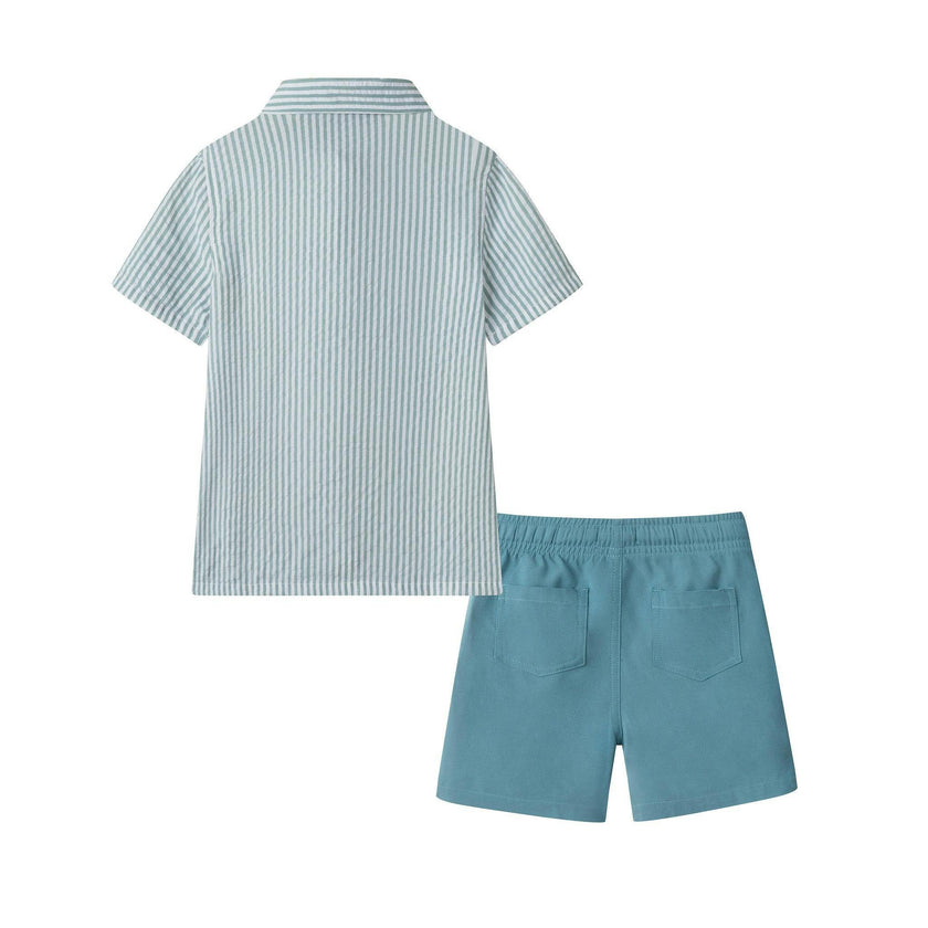 Buttondown And Linen Shorts Set | Teal Stripe