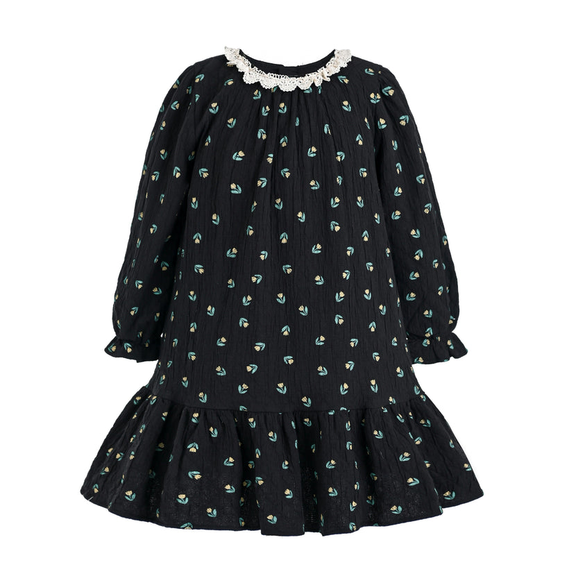 Dark Floral Lace-Collar Dress