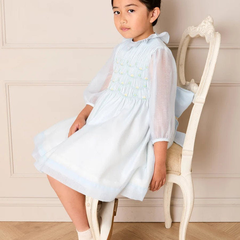 Daisy Embroidered Hand Smocked Long Sleeve Dress in Blue (18mths-8yrs)