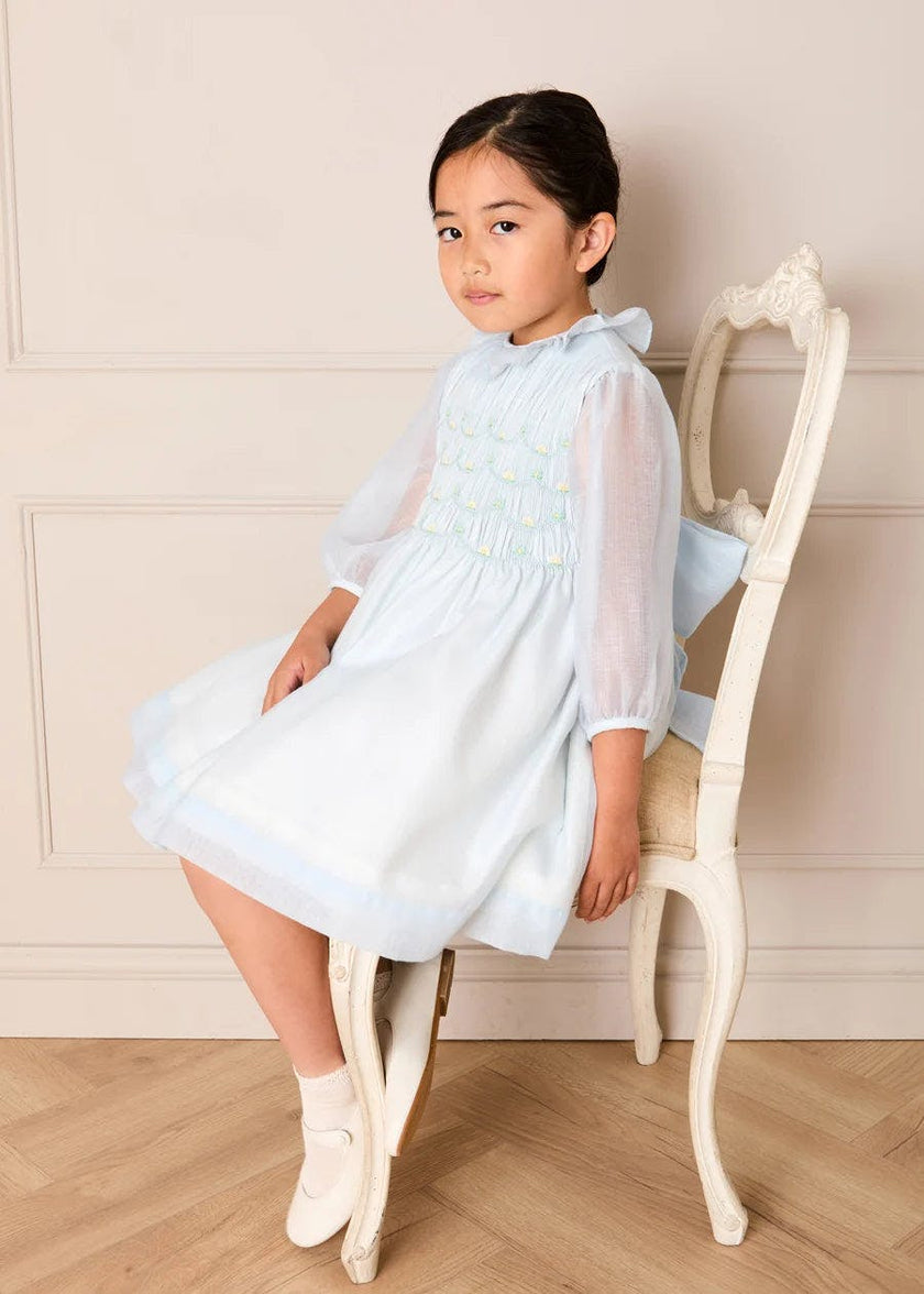 Daisy Embroidered Hand Smocked Long Sleeve Dress in Blue (18mths-8yrs)