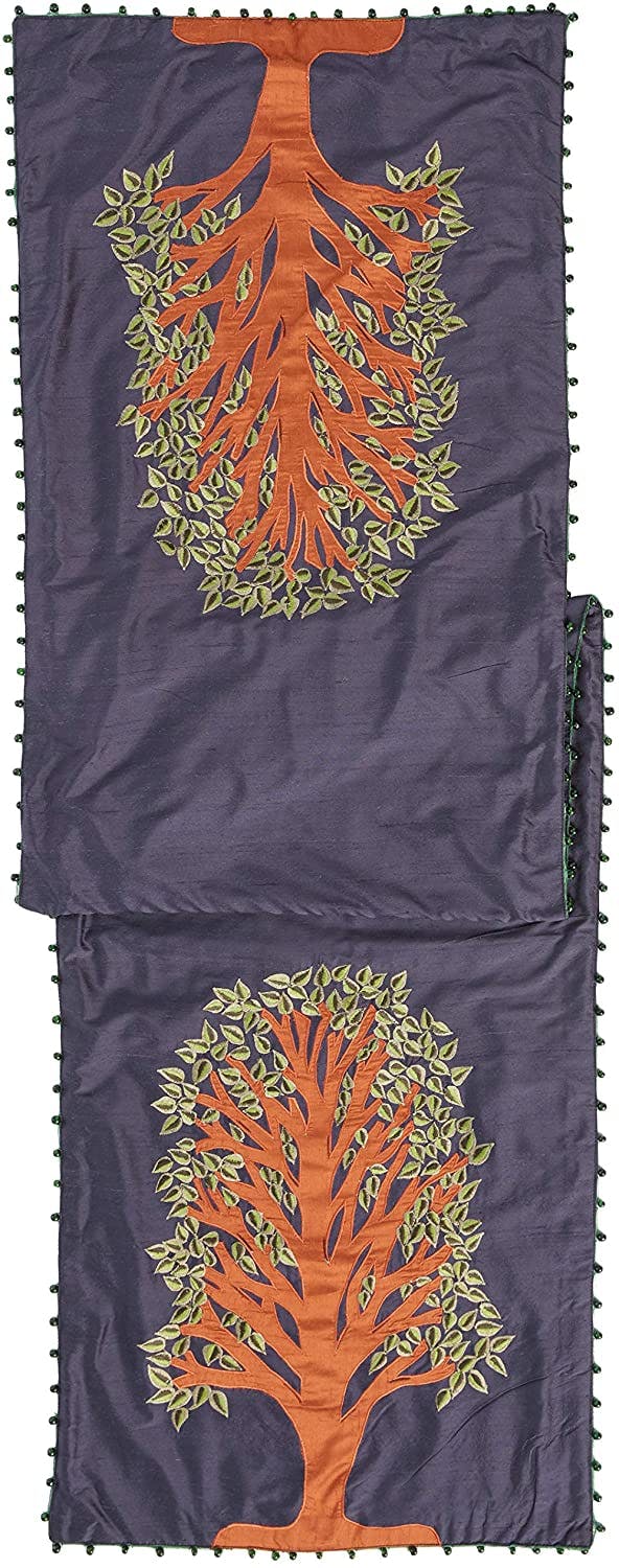 Handmade Navy Silk Table Runner Tree of Life Embroidery and Hand Beading - 18"x72"