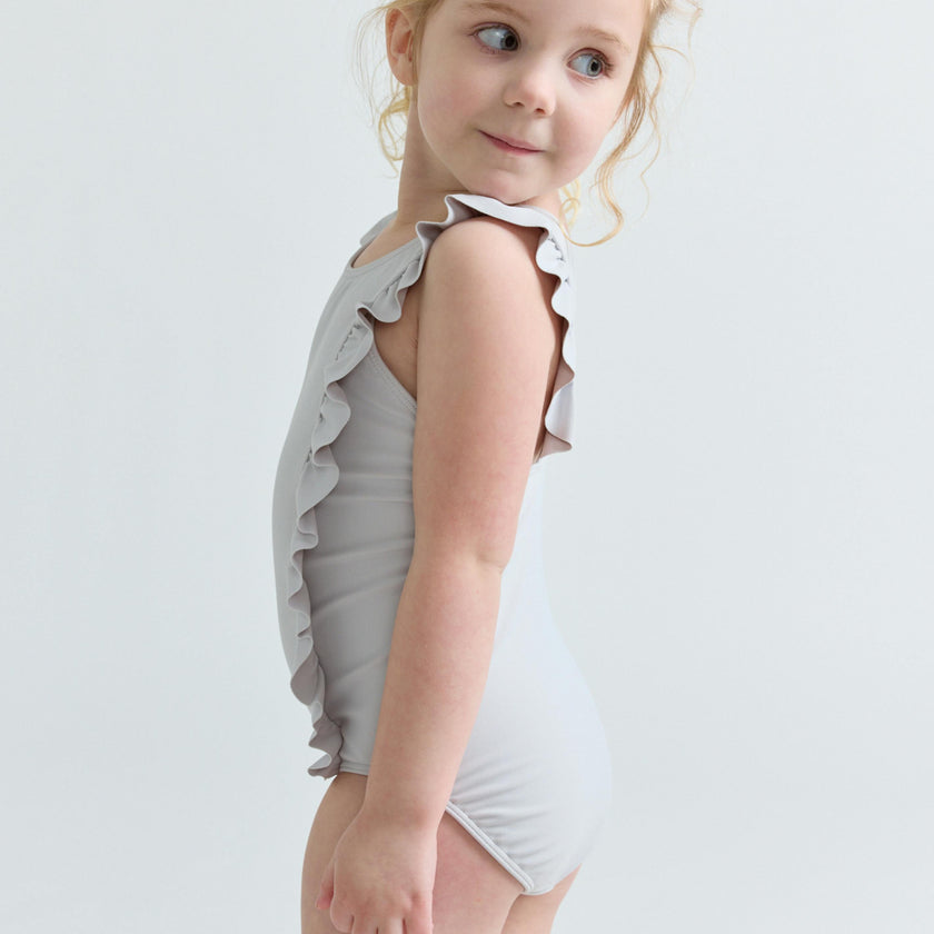 girls dove grey ruffle one piece
