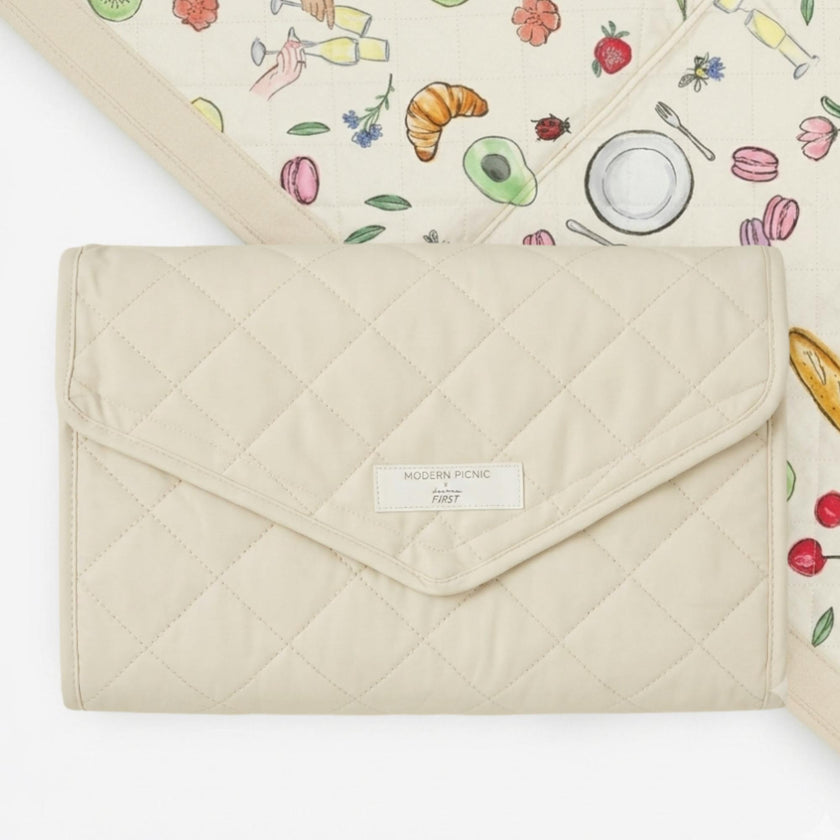 Cream Quilted Fold Up Picnic Blanket with Floral Picnic Print