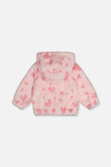 Hooded Full Zip Faux Fur Jacket Pink Printed With Hearts