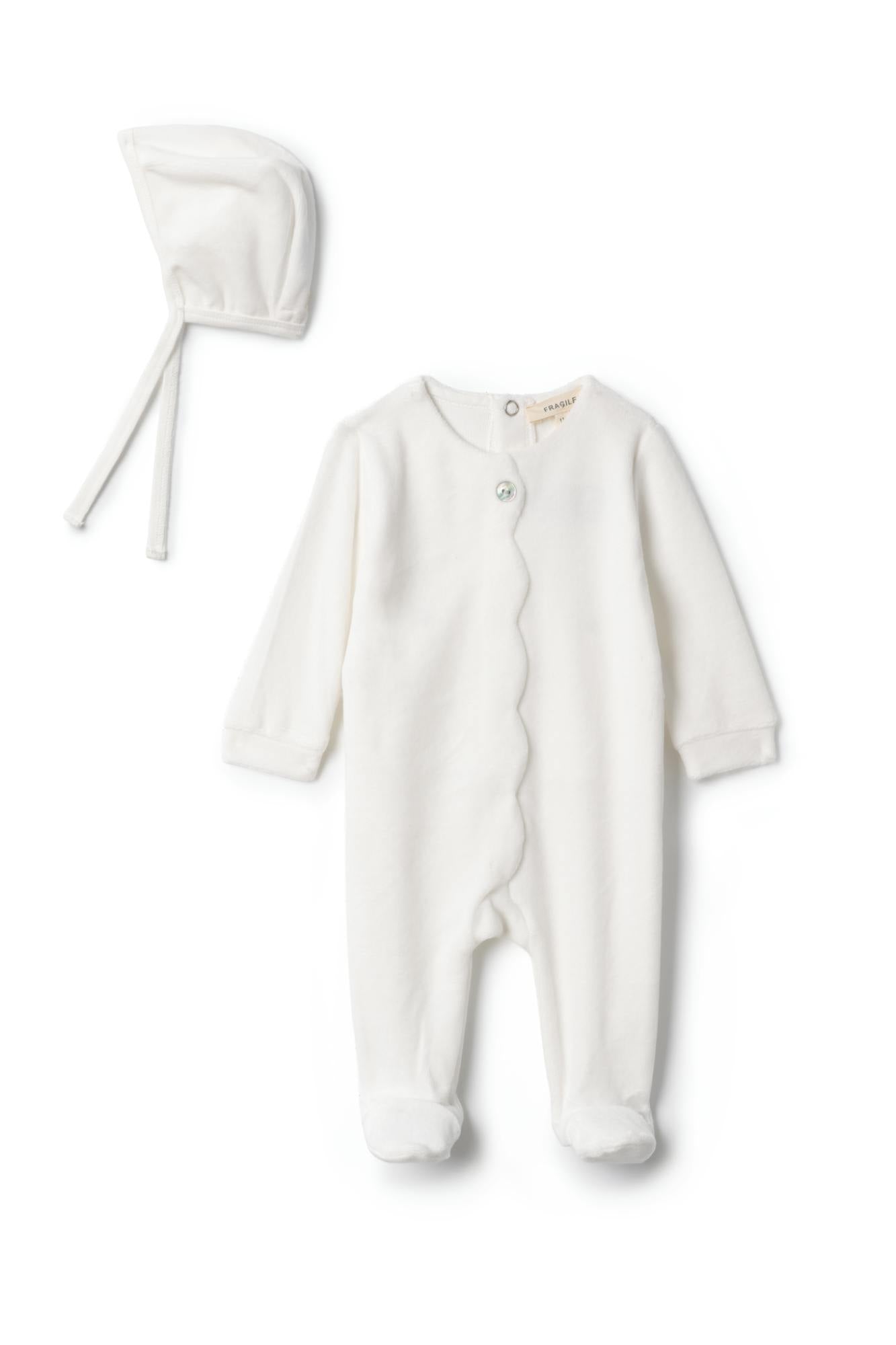 Cotton Velour Scalloped Snap Front Romper and Bonnet Two Piece Set