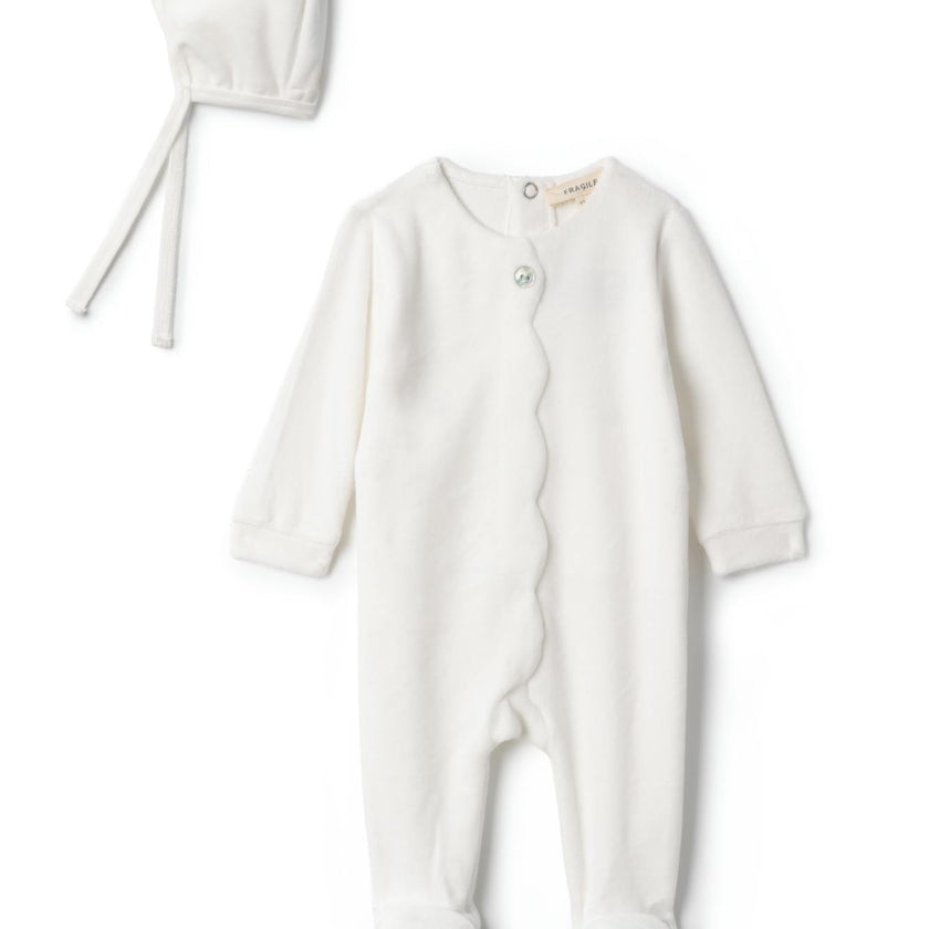 Cotton Velour Scallop Onesie Off White