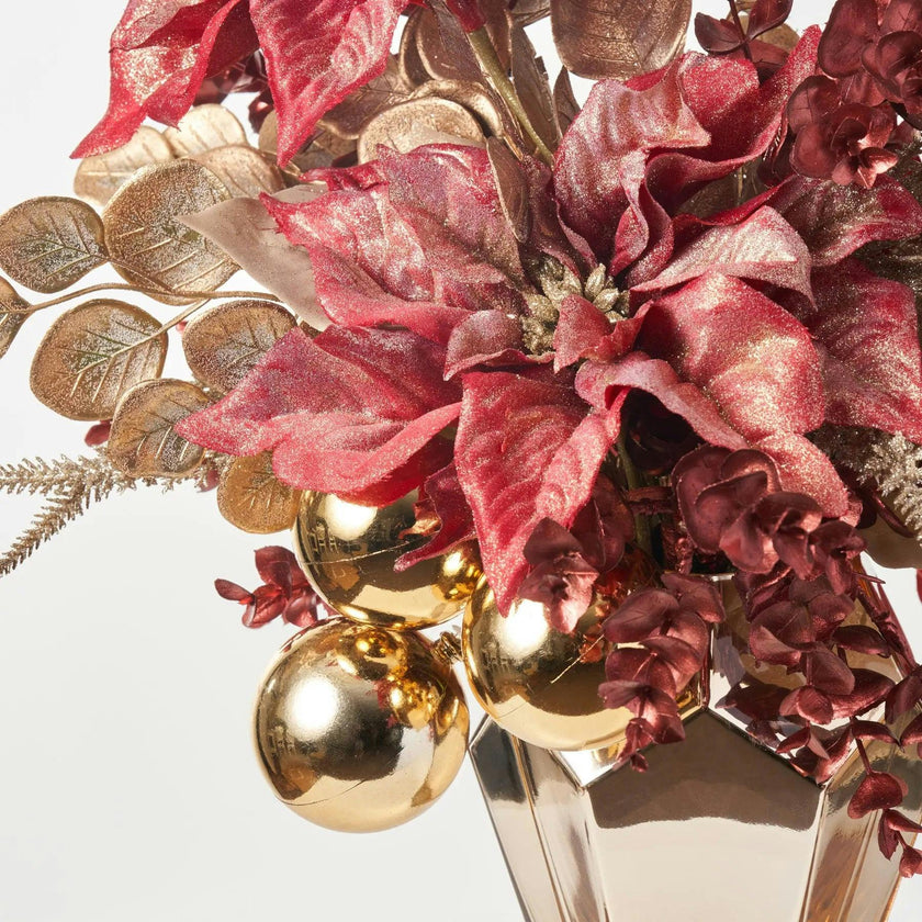 24 Karat Christmas - Gold Dust Poinsettia & Gold Ornament Ball Arrangement in Diamond Vase Holiday Centerpiece