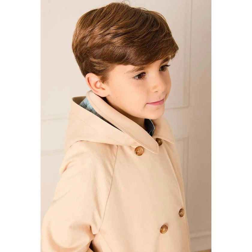 Double Breasted George Check Lined Rain Coat With Detachable Hood in Beige (2-10yrs)