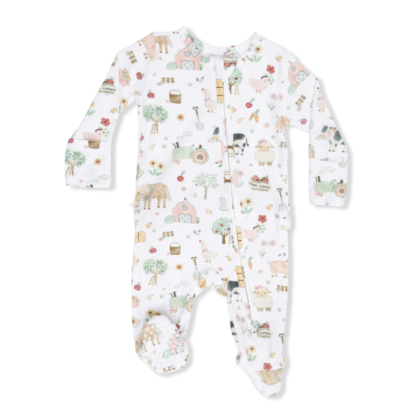 Cute Farm Animals Pink - 2 Way Ruffle Back Zipper Footie