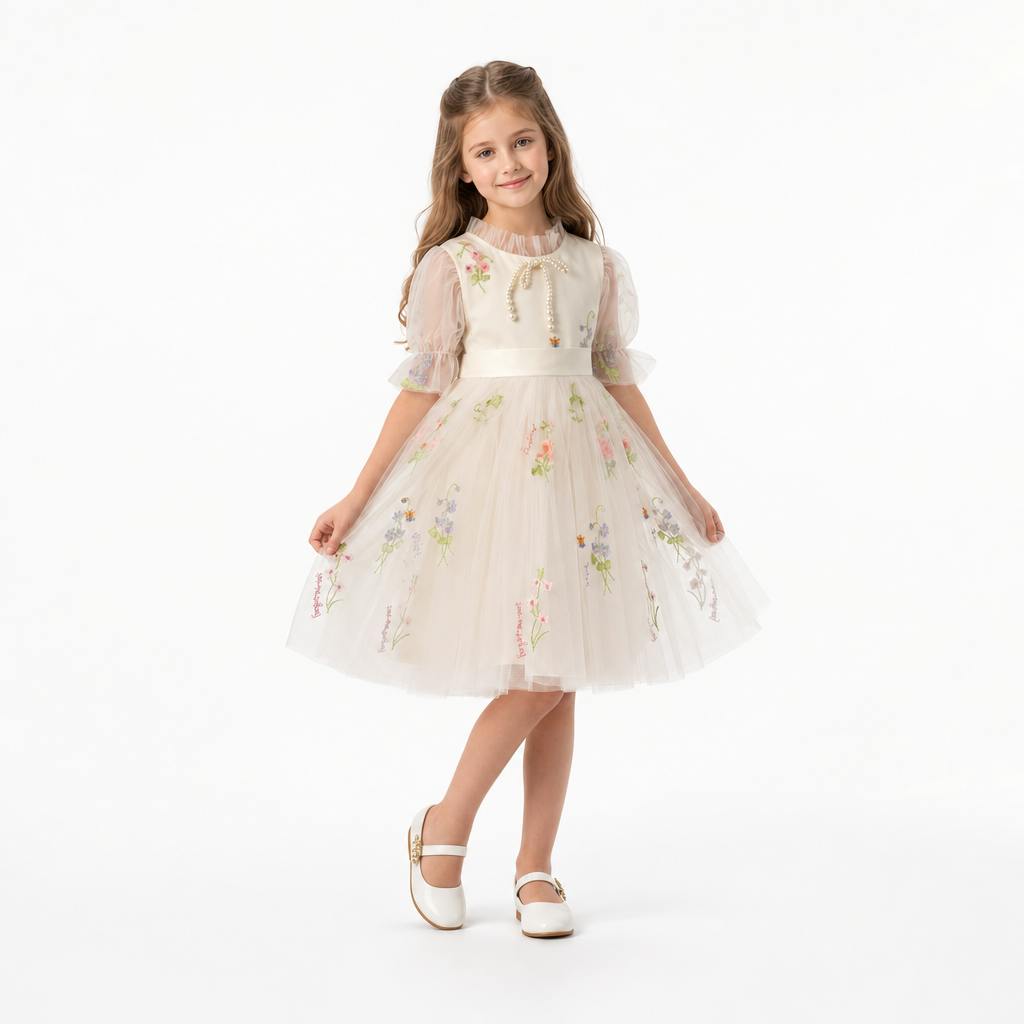 Enchanted Bloom Embroidered Ivory Flower Girl Dress for Girls