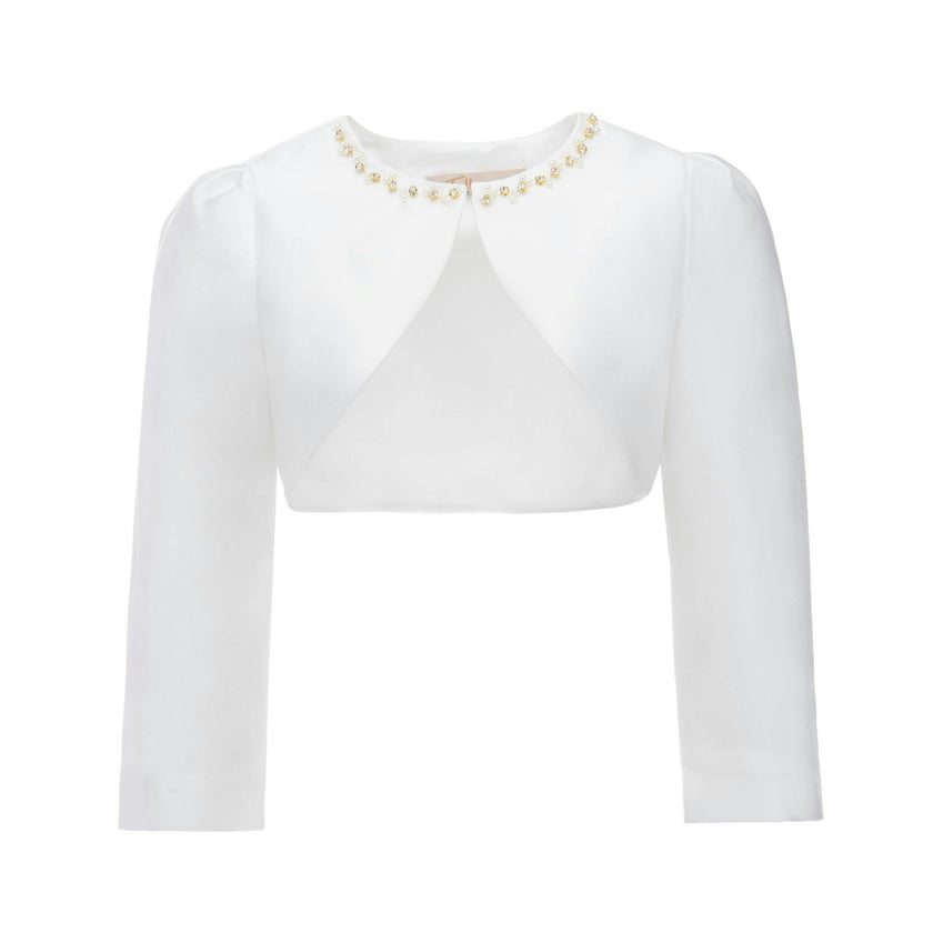 White Cropped Satin Cardigan