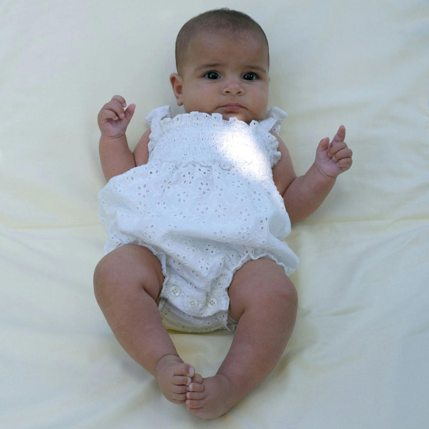 Babys Eyelet Embroidered Ruched Bow Strap Bubble