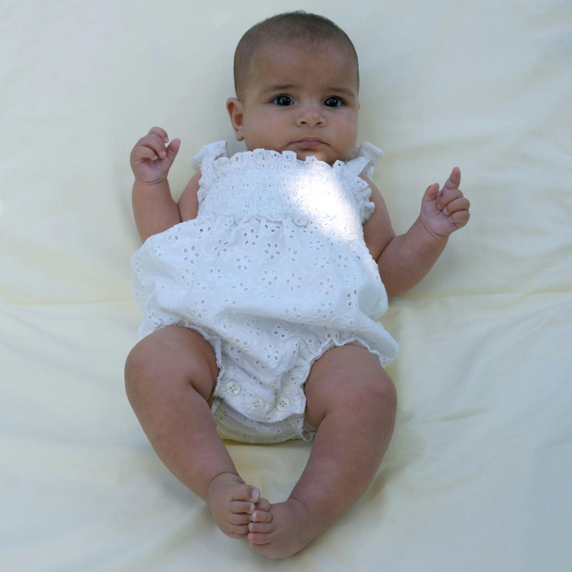 Babys Eyelet Embroidered Ruched Bow Strap Bubble