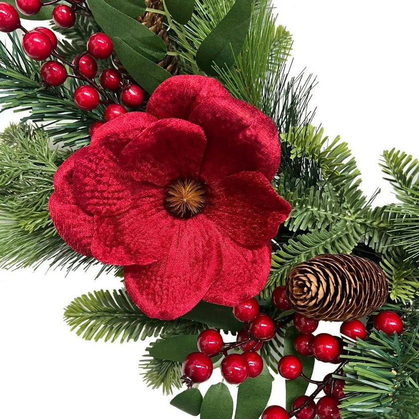 26" Red Magnolia, Pinecone & Berry Wreath Pre-Lit