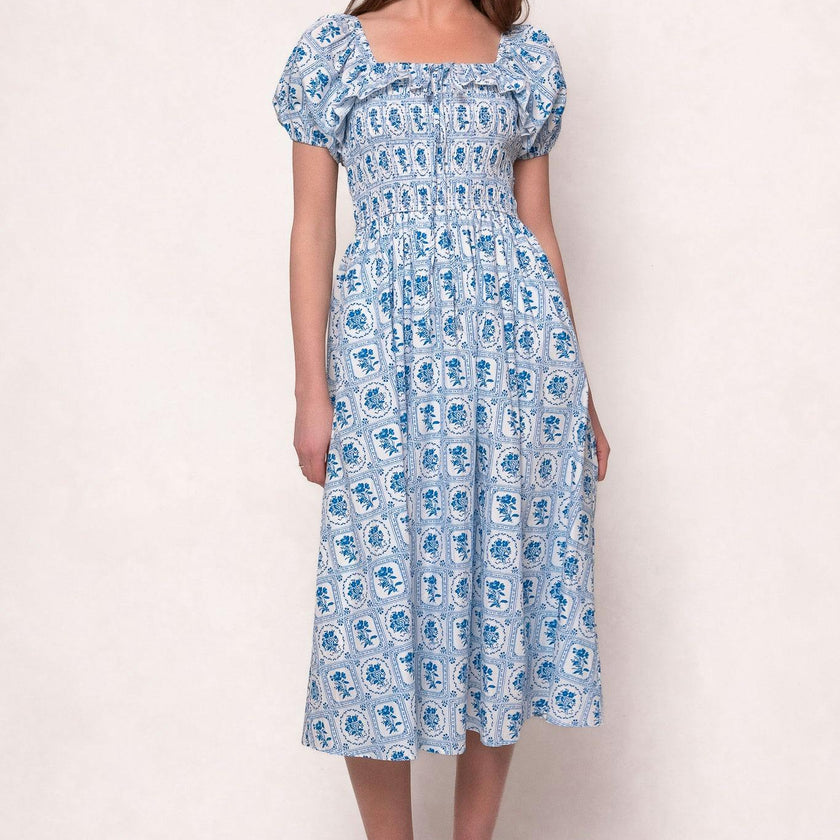 Mae Dress in Blue Floral Stamp