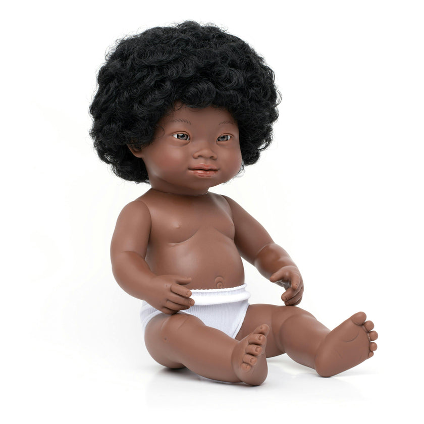 African Girl Baby Doll with Black Hair and Down Syndrome - 15"