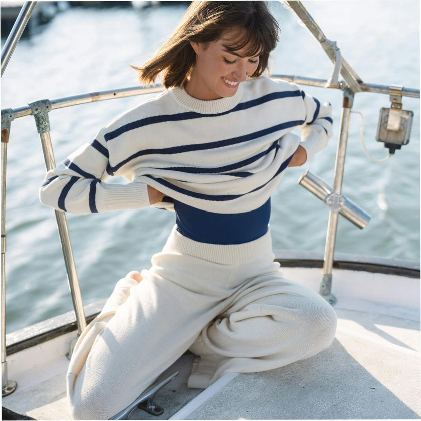 Women's Cream And Navy Wide Stripe Knit Sweater