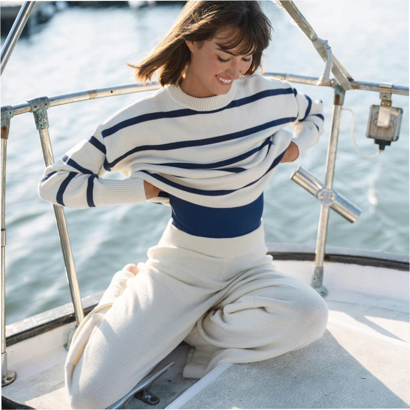 Women's Cream And Navy Wide Stripe Knit Sweater