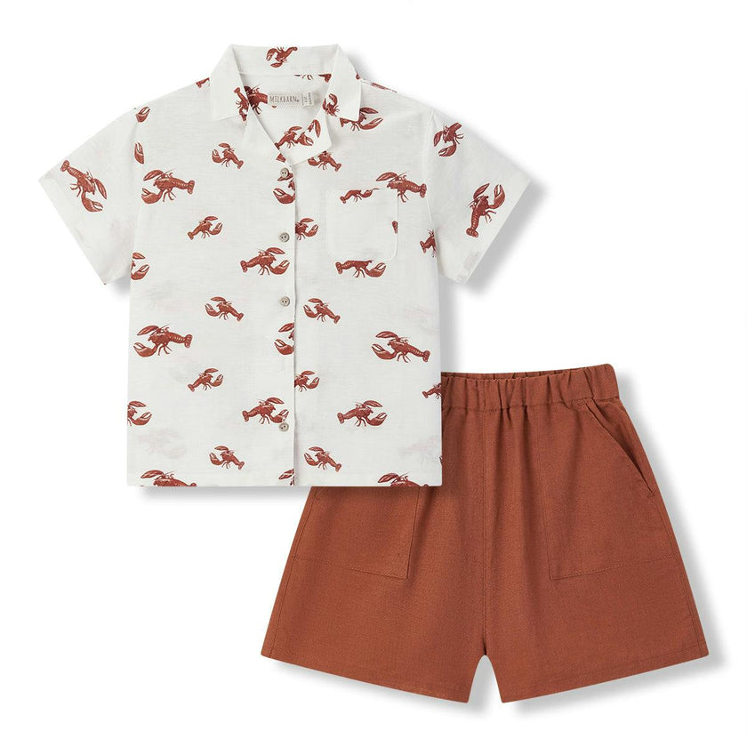 Cream Lobster Linen Button-Up Shirt & Shorts Set