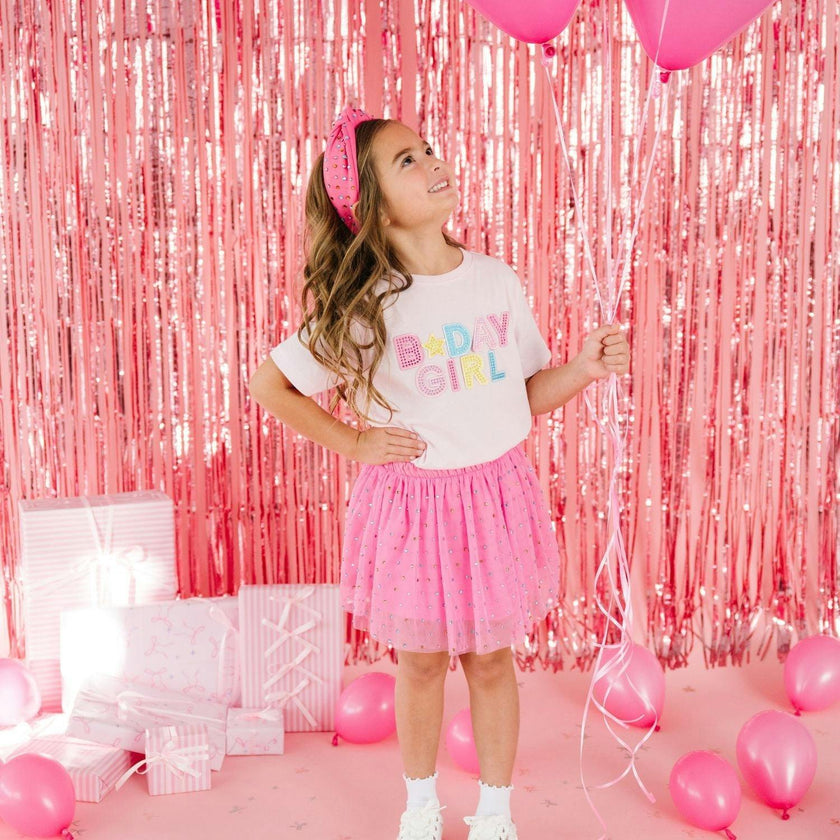 Birthday Girl Rhinestone Patch Short Sleeve T-Shirt - Ballet