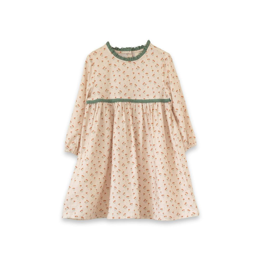 Priya Dress with Lace Trim | Beige Petals
