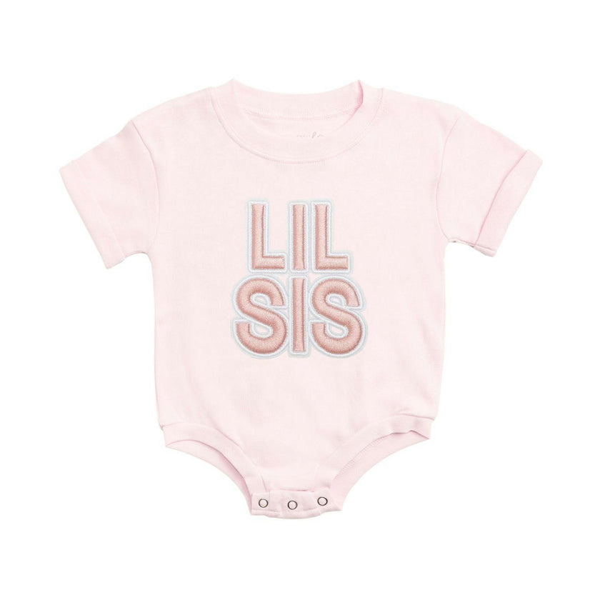 Lil Sis Embroidered Patch Short Sleeve Romper - Ballet