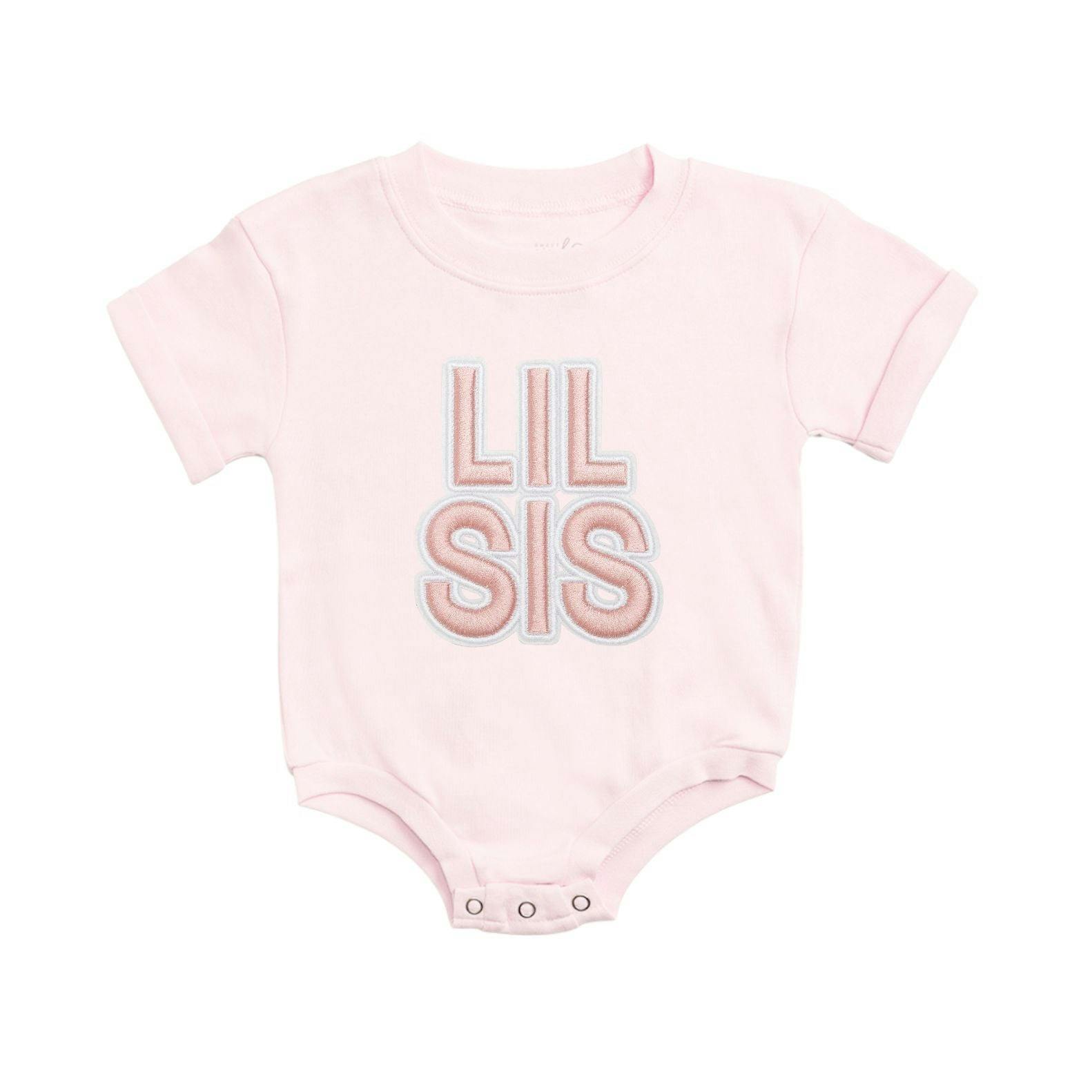 Lil Sis Embroidered Patch Short Sleeve Romper - Ballet