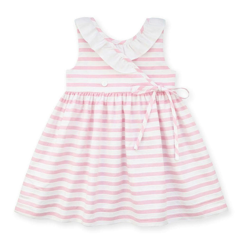 Pink Stripe Dress with Flower and Ruffle Neck