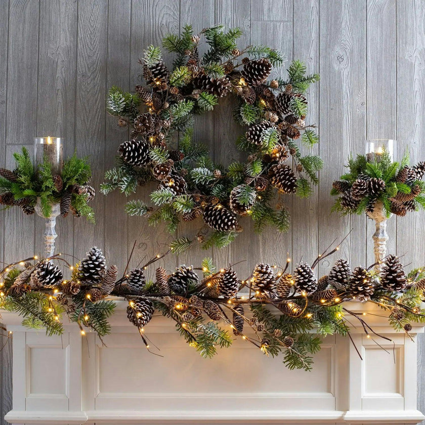 Snowy Norway Spruce & Pinecone Winter Christmas Garland Table Runner with Unlit or Pre-Lit Option