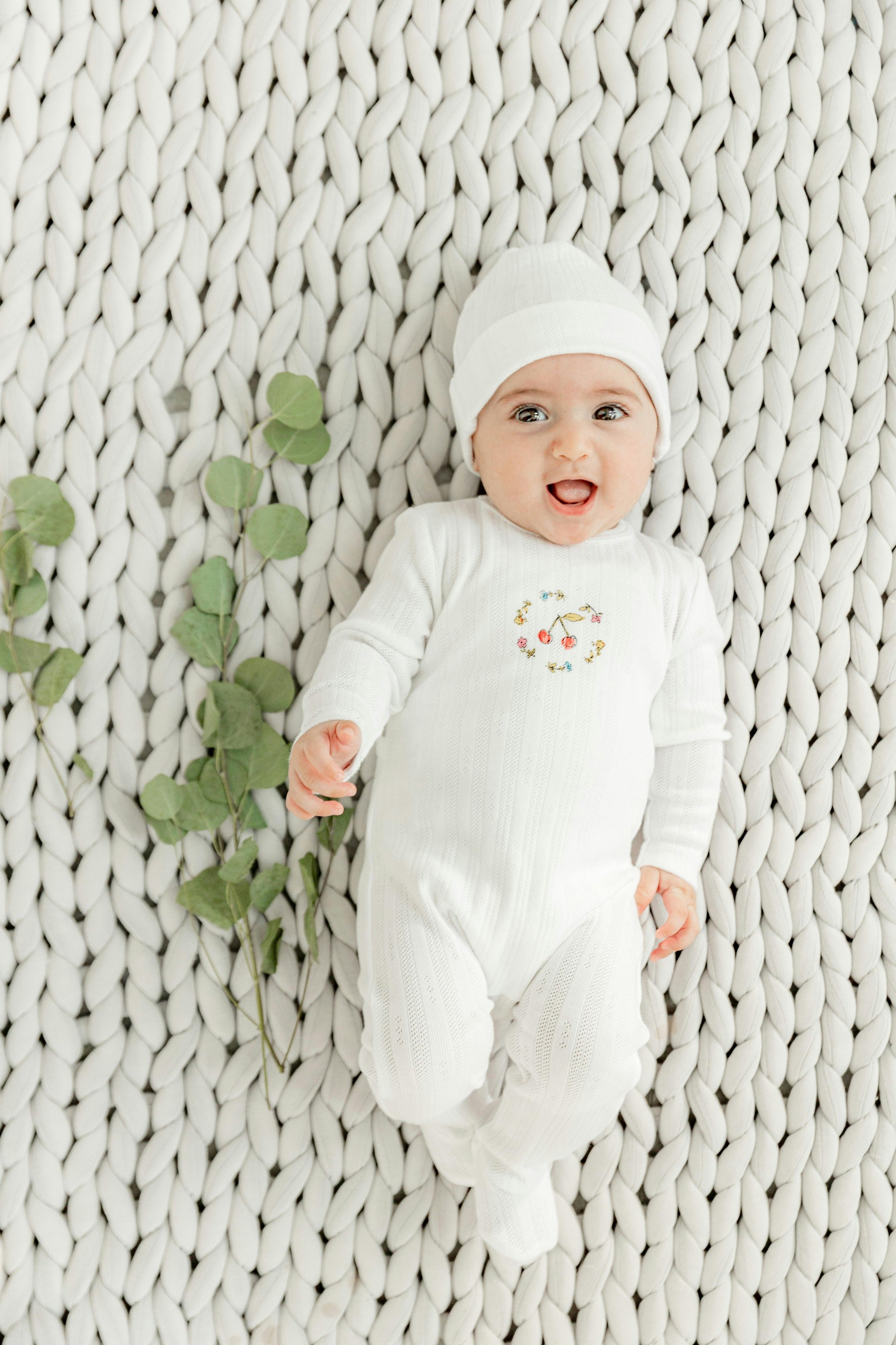 Ribbed Pointelle Romper and Hat Two Piece Set