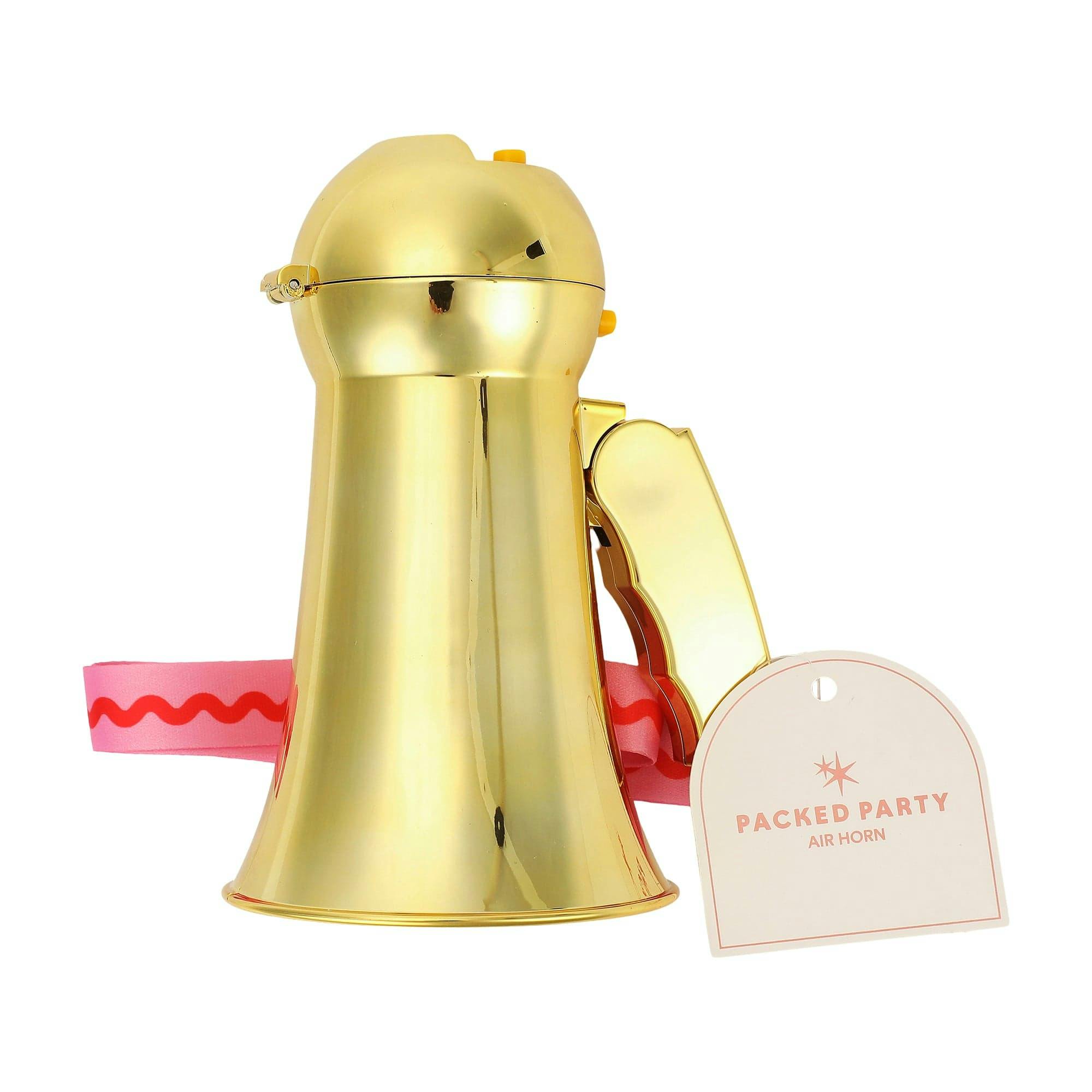 Packed Party Party Starter Gold Mini Megaphone - Shiny Gold with Pink Red Rickrack Strap, Battery Operated Party Megaphone for Bachelorettes and Birthdays