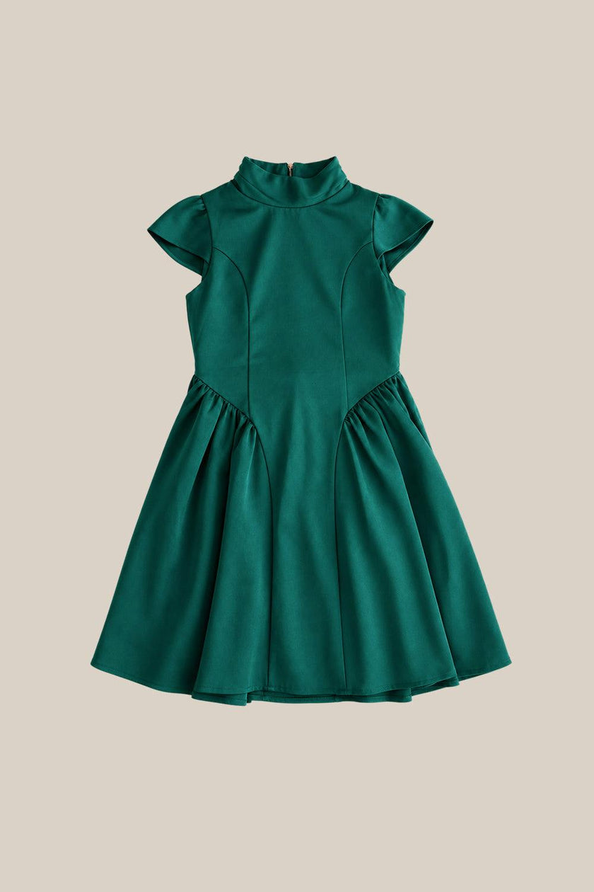 Mini Harriet Bow Dress in Emerald Satin