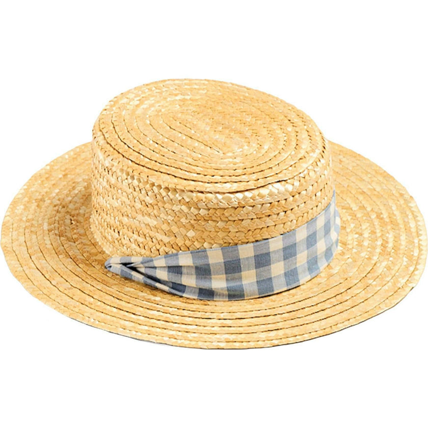 Darby Gingham Straw Boater Hat in Blue (M-L)