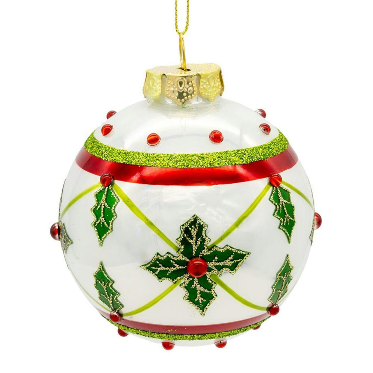 Kurt Adler 80MM Glass White, Red & Green Holly Berry Ball Ornaments, 6-Piece Box