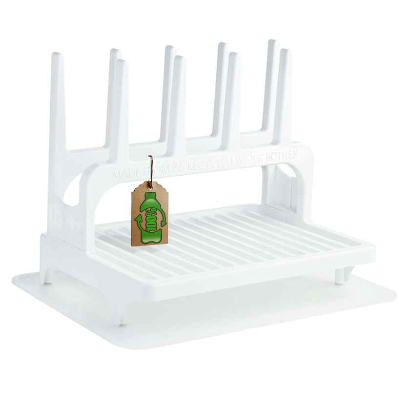 PopYum Glacier White Drying Rack from 100% Recycled Bottles with Silicone Drying Mat, countertop for Baby Bottles, Plastic Bags, Cups, Compact