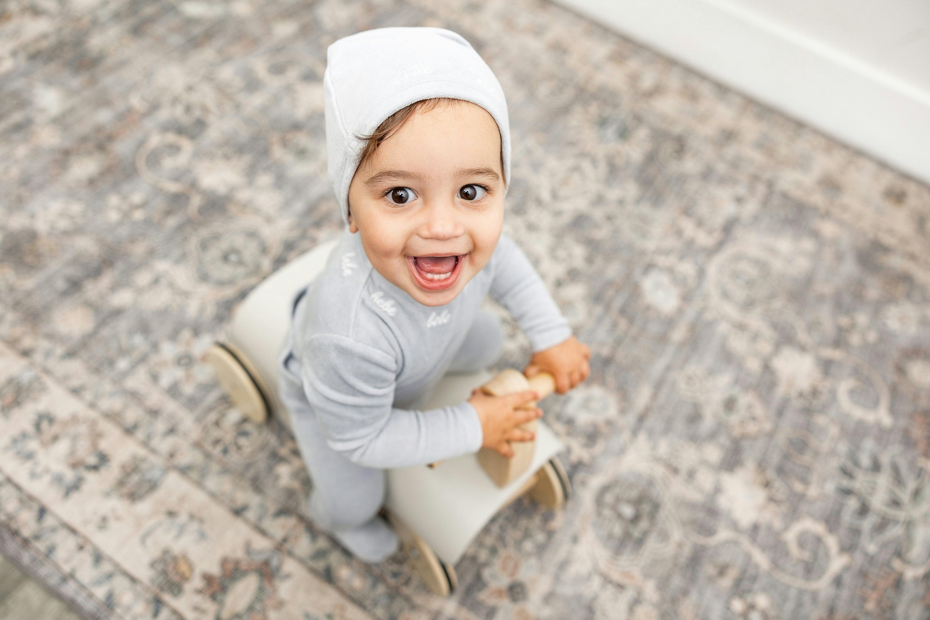 Bebe Embroidered Velour Onesie with Hat Beige