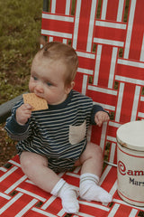 Harley Pocket Romper in Thin Deep Blue Stripe
