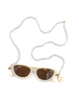 Packed Party Sunny Daze Cat Eye Sunglasses and Pearl Shell Chain Set – White Cat Eye with Freshwater Pearl Chain, 1.75x5.75 Inch Sunglasses with 31.5 Inch Chain