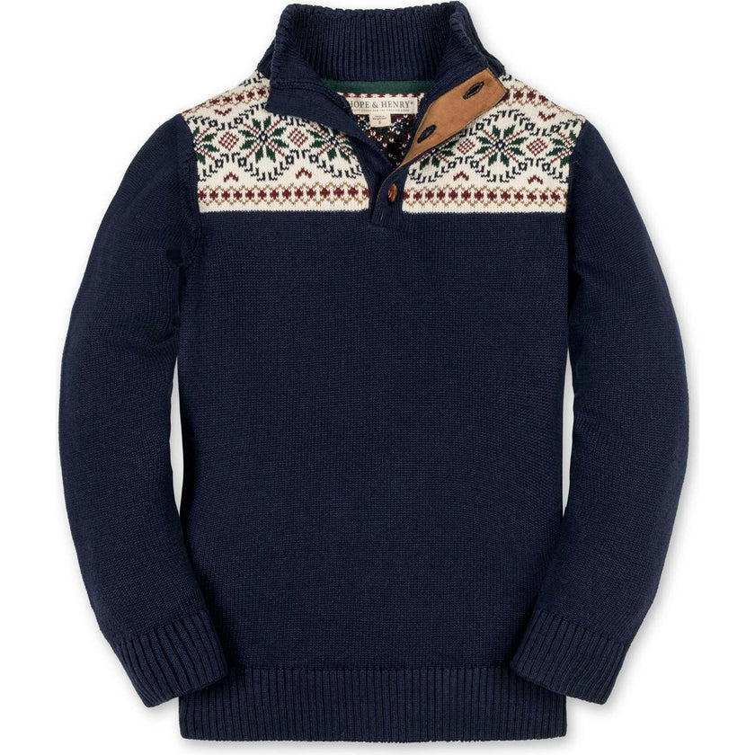 Organic Mock Neck Intarsia Sweater, Blue
