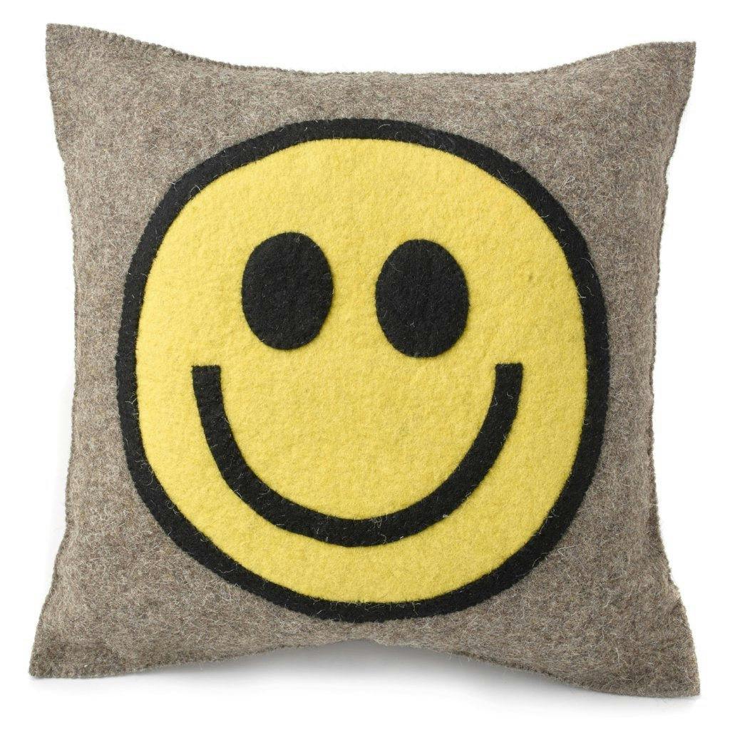 Hand Felted Wool Happy Sad Face Pillow - 20